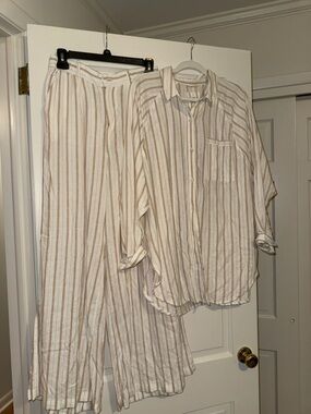 aerie Cream & Tan Striped Button-Up Top and Wide Leg Pants